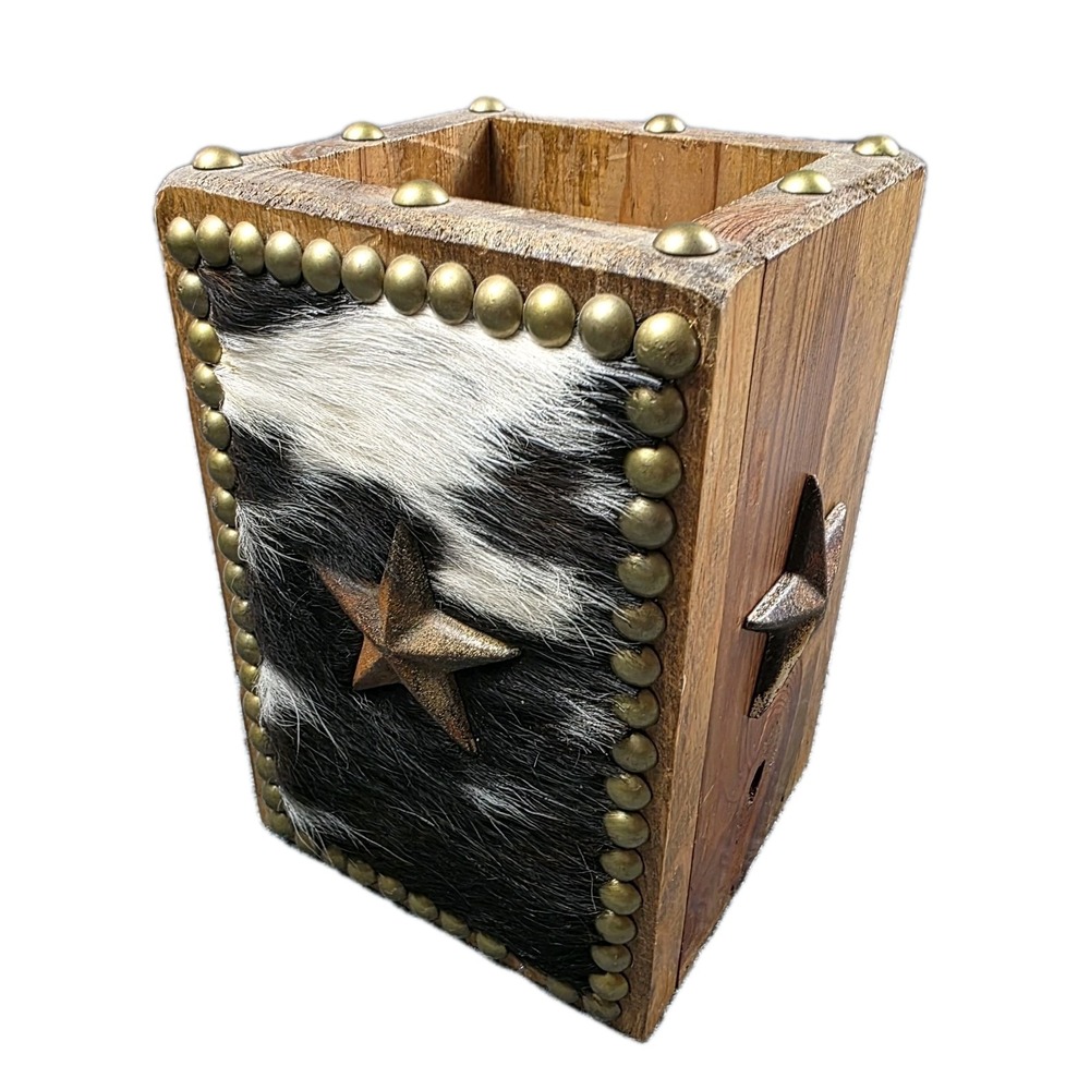 Vintage Rustic Cowhide‎ Wood Box Brass Studs Star Western Cabin Decor Cow Print